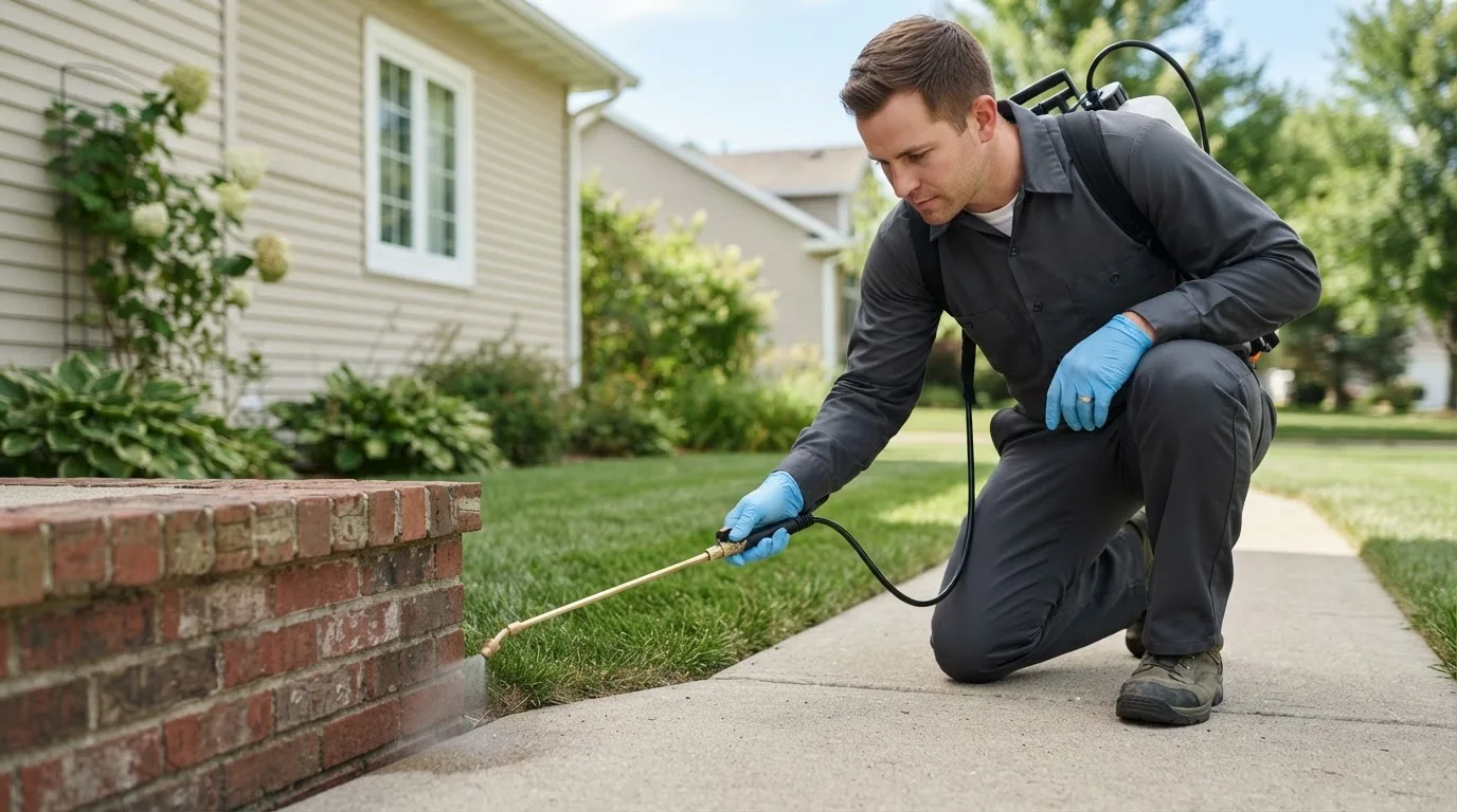 Pest control technician treating a home near Los Banos, CA
